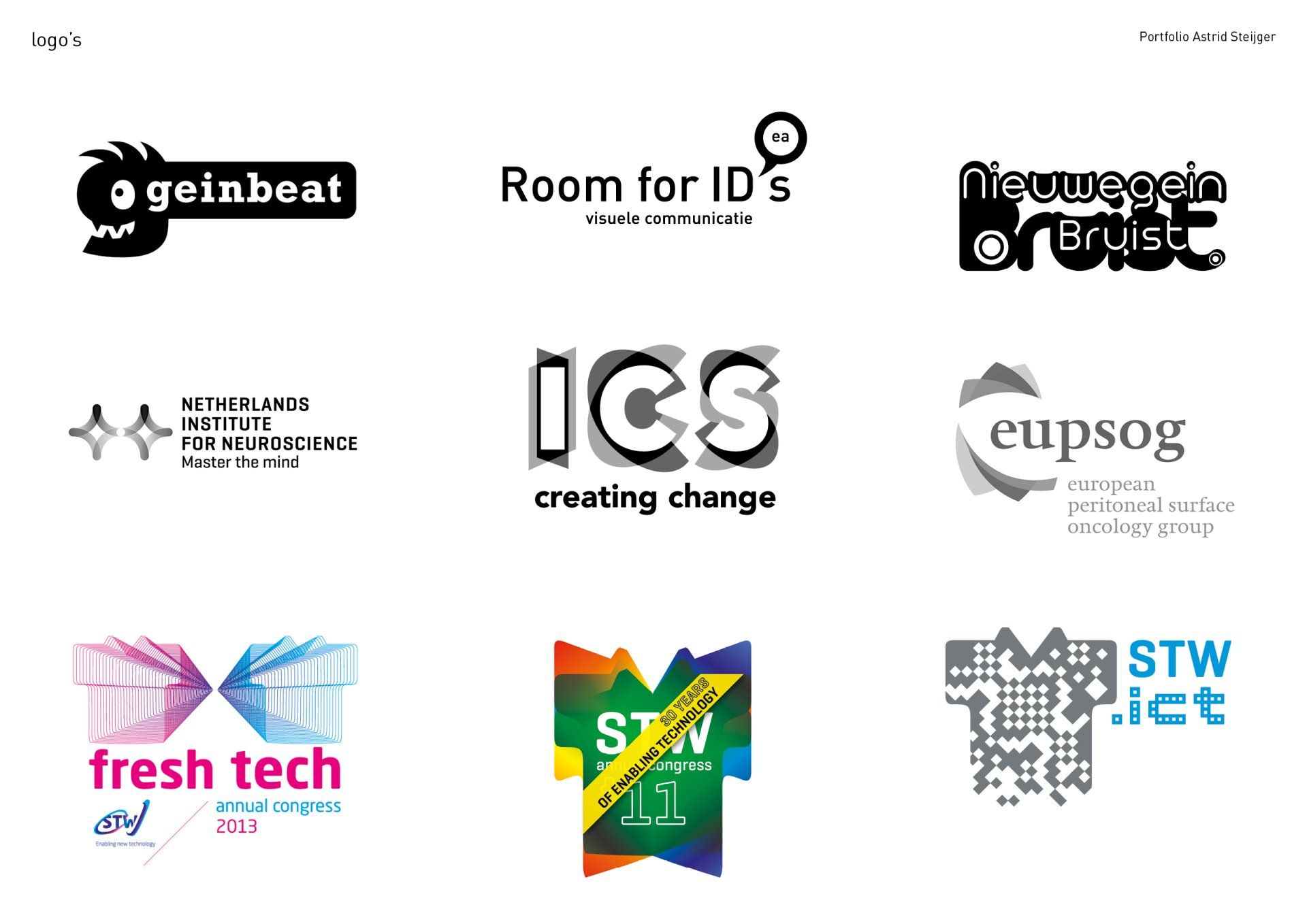 Negen logo's met uiteenlopende typografie en ontwerpen, die verschillende organisaties of merken vertegenwoordigen.