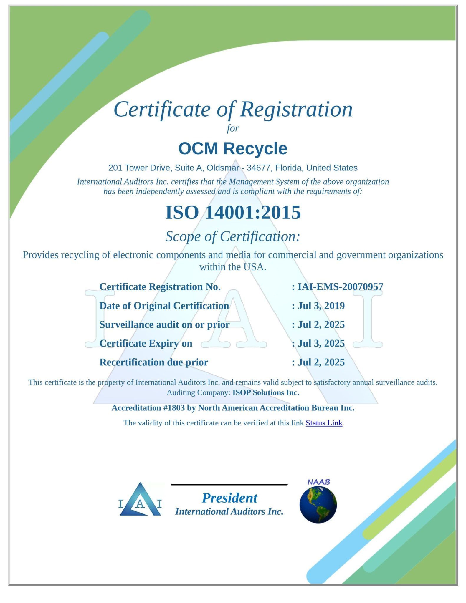 A certificate of registration for ocm recycle iso 14001 2015