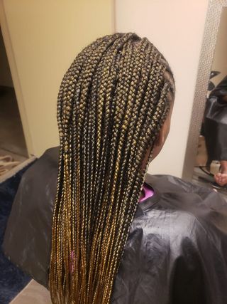 Long braided hairstyle with blonde highlights, viewed from the back in a salon chair.