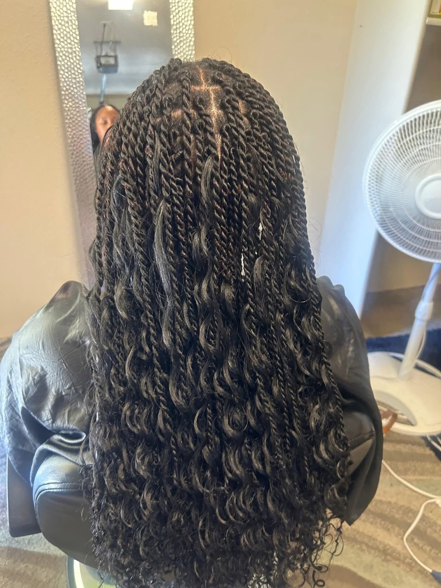 Back view of long curly braids with silver highlights in a room, beside a fan and mirror