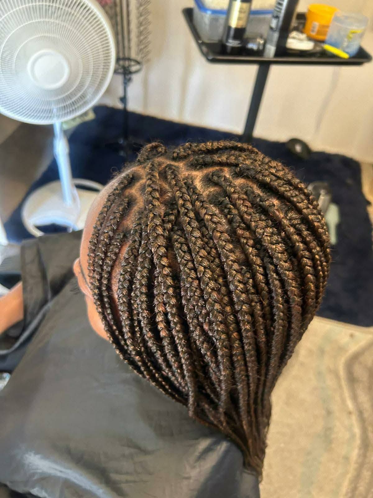 Braided hairstyle with brown and black braids in a salon chair, with a fan in the background