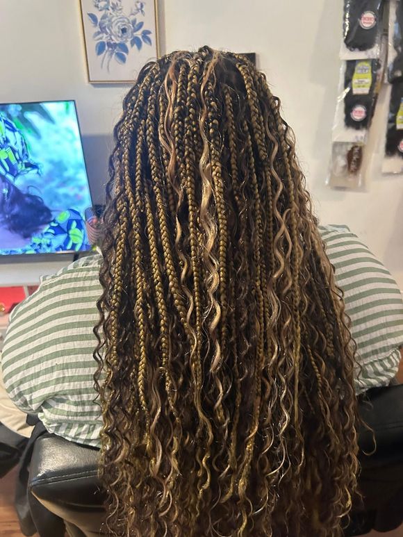 Person with long braided hair sitting at a desk, seen from behind, with a TV and wall decor in the background.