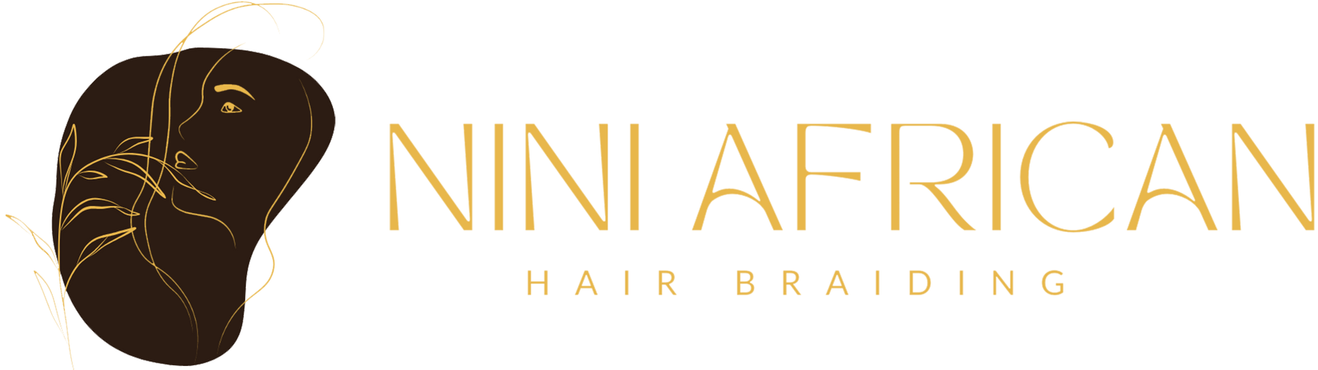 Nini African Hair Braiding logo with gold text and a dark braided-hair silhouette on white background