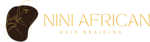 Nini African Hair Braiding logo with gold text and a dark braided-hair silhouette on white background