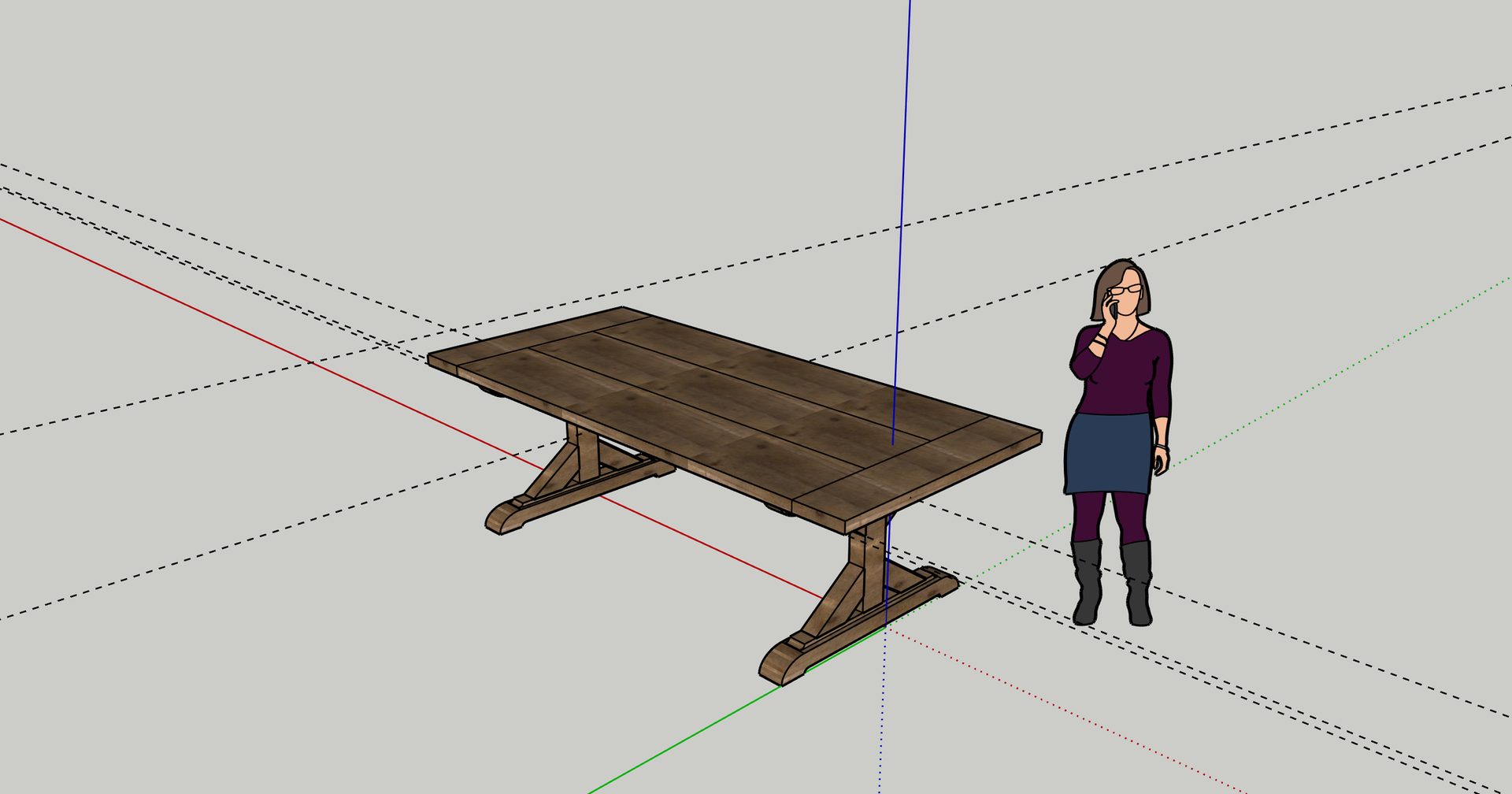 A 3d model of a woman standing next to a wooden table