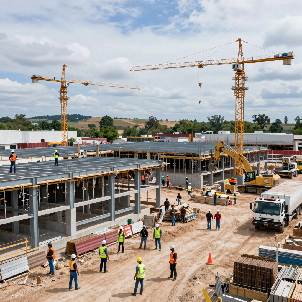 Construction site with workers, cranes, and a partially built concrete building under a cloudy sky