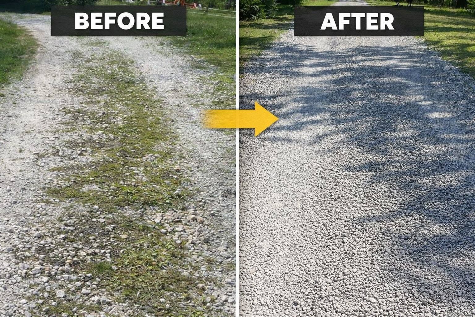 Before-and-after comparison of a gravel path, showing improvement from patchy to evenly covered surface.