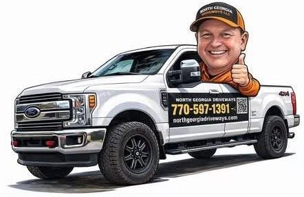 White Ford pickup with a smiling cartoon driver and plumbing service contact info on the side