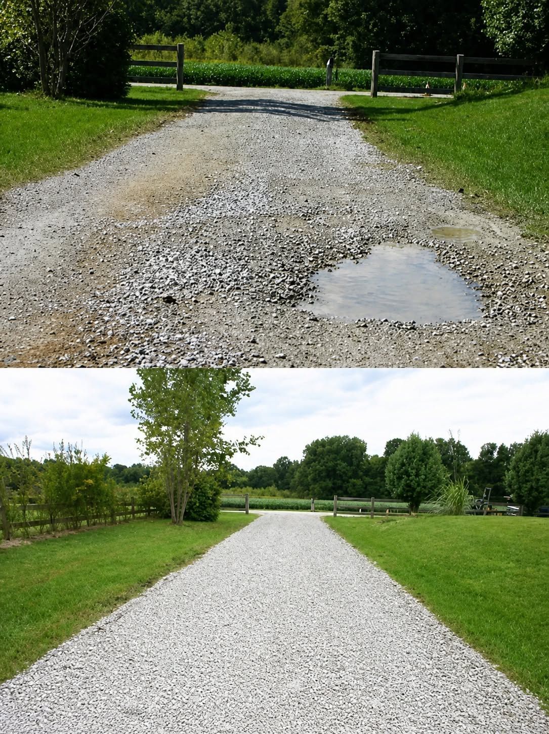 Before-and-after gravel driveway: rough, pothole-filled surface above; smooth, freshly graded white gravel below.