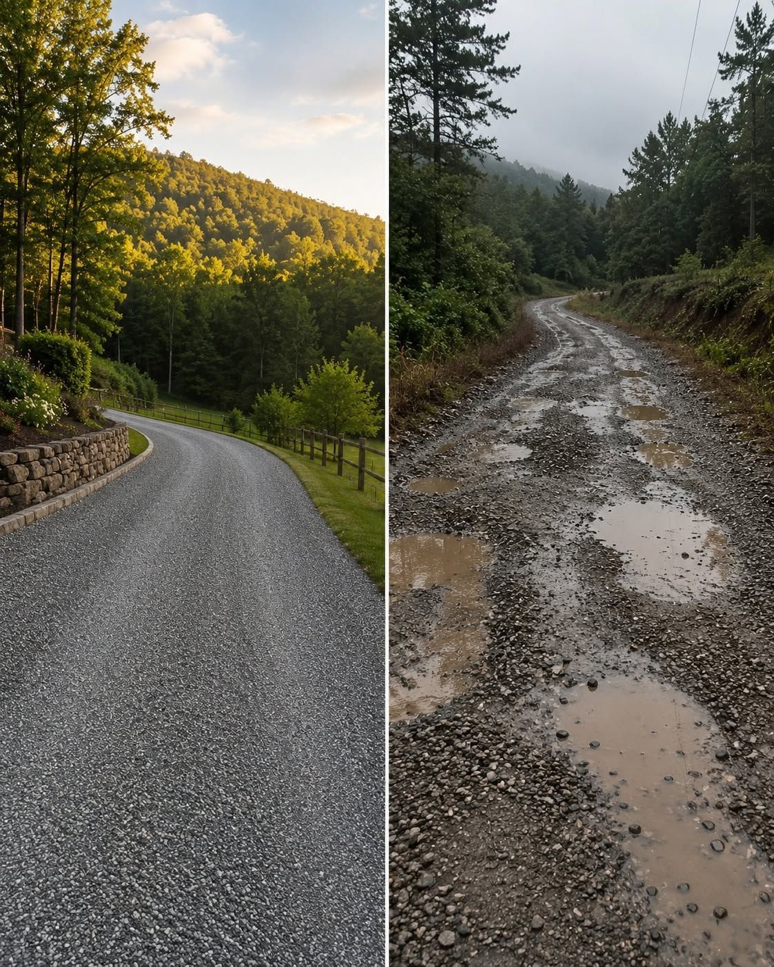 Split view of a gravel road: smooth dry curve on the left, muddy puddled path on the right under overcast skies