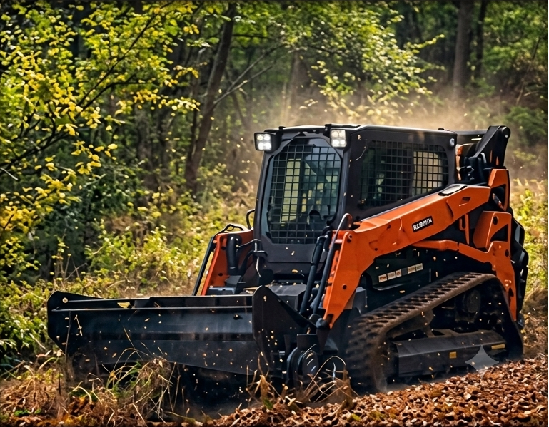 Orange skid-steer loader clearing leaves in a wooded area