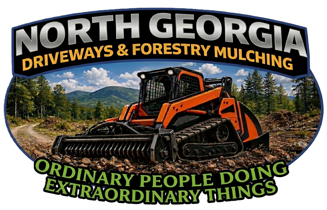 North Georgia driveways and forestry mulching logo with orange mulcher in a wooded mountain landscape