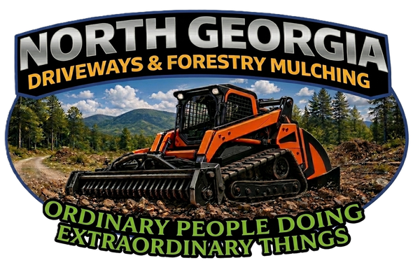 North Georgia driveways and forestry mulching logo with orange mulcher in a wooded mountain landscape
