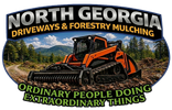North Georgia driveways and forestry mulching logo with orange mulcher in a wooded mountain landscape