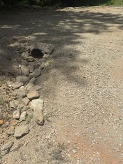 Black corrugated pipe laid in a dirt trench on a wooded trail path.