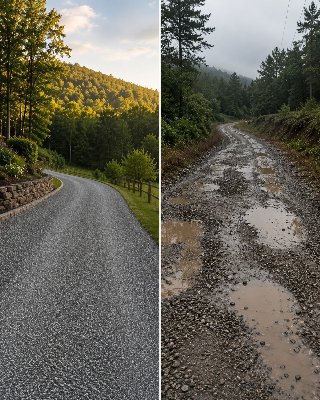 Two forest roads: a smooth gray gravel road and a muddy, puddled trail beside pine trees.
