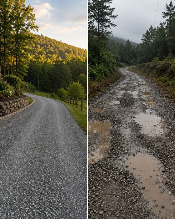 Two forest roads: a smooth gray gravel road and a muddy, puddled trail beside pine trees.
