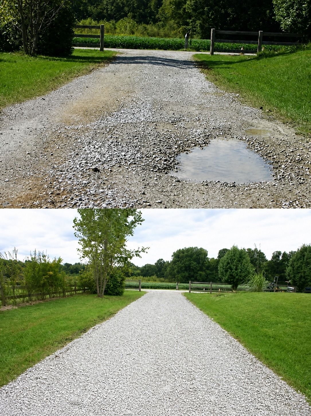 Before-and-after gravel driveway repair, with potholes and muddy spots removed.