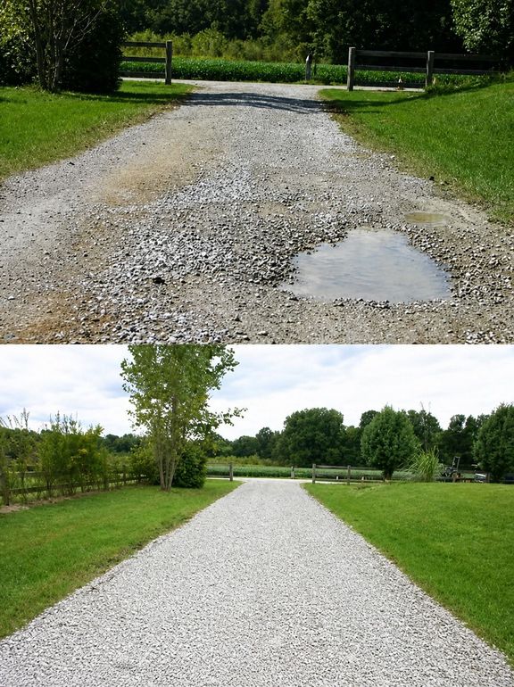 Before-and-after gravel driveway repair, with potholes and muddy spots removed.