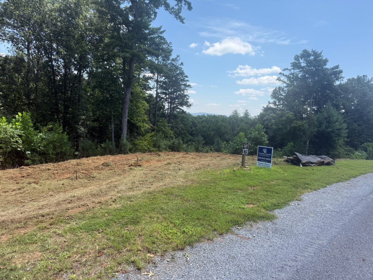 Gravel roadside beside a cleared grassy lot with trees, a sign, and blue sky.
