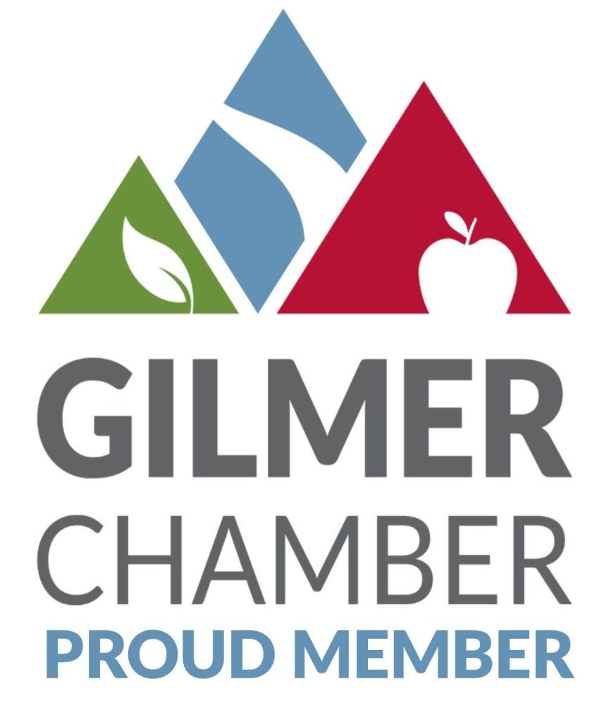 Gilmer Chamber Proud Member logo in green, blue, and red with apple icon