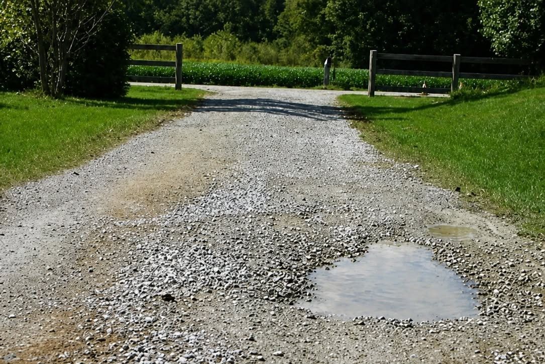 Gravel driveway with puddles leading to a gate between green fields and trees