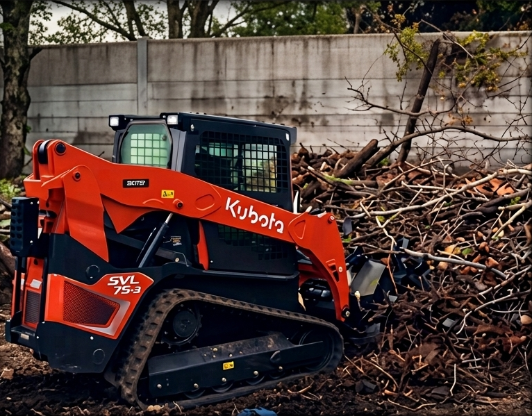 Orange Kubota skid steer loader on tracks in a debris pile beside a concrete wall