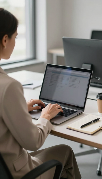 Una persona digita su un computer portatile a una scrivania in un ufficio luminoso, con un monitor e un quaderno nelle vicinanze.