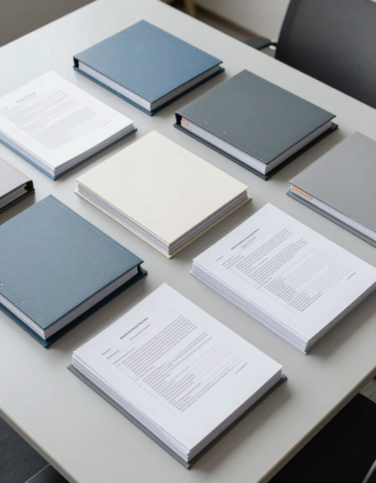 Pile di libretti blu, grigi e bianchi disposti su un tavolo.