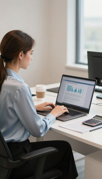 Una persona digita su un computer portatile a una scrivania in un ufficio luminoso, con un monitor, un telefono e una tazza di caffè nelle vicinanze.