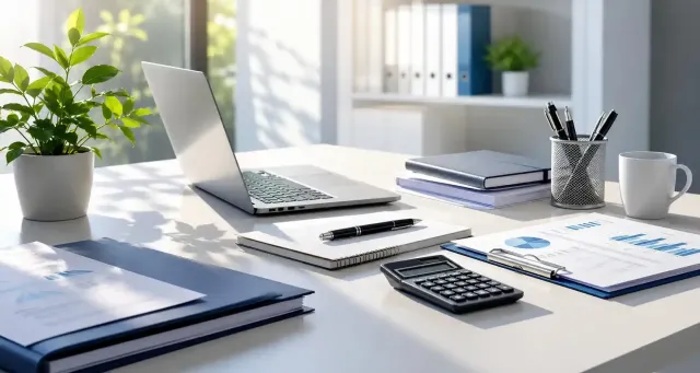 Scrivania luminosa con laptop, calcolatrice, quaderni, tazza da caffè e pianta in un ufficio soleggiato.