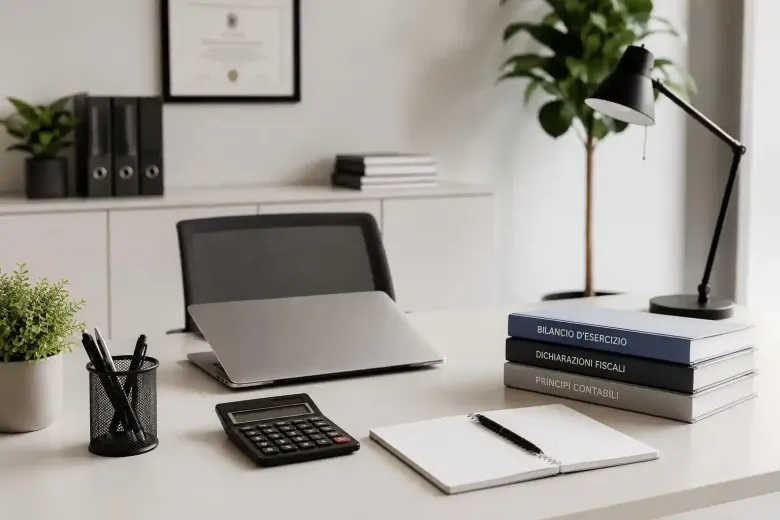 Scrivania minimalista e moderna con laptop, calcolatrice, quaderno, lampada, libri e una pianta in un ufficio luminoso.