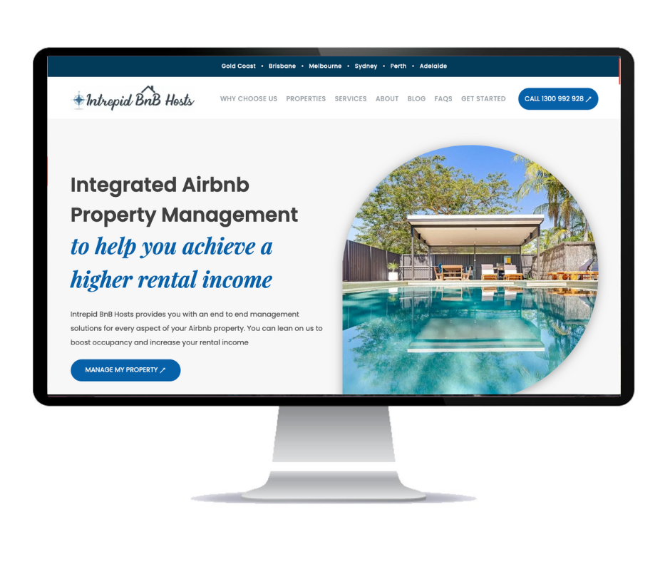 A computer monitor displaying a website for integrated airbnb property management to help you achieve a higher rental income.