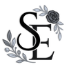 Black monogram “SE” with gray floral accents and a dark rose on a white background