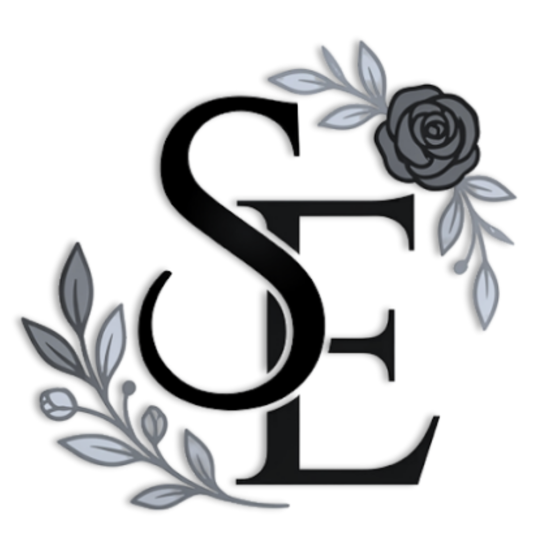 Black monogram “SE” with gray floral accents and a dark rose on a white background