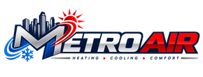 MetroAir HVAC logo with blue and red lettering, snowflake and sun icons, and “Heating • Cooling • Comfort” tagline