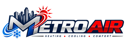 MetroAir HVAC logo with blue and red lettering, snowflake and sun icons, and “Heating • Cooling • Comfort” tagline