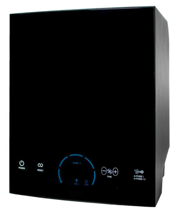 Black wall-mounted appliance with blue digital control panel and touch icons on the front