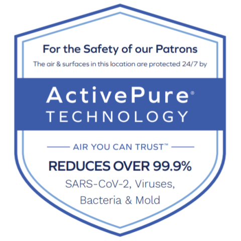 Blue-and-white ActivePure Technology safety sign promising to reduce 99.9% of viruses, bacteria, and mold