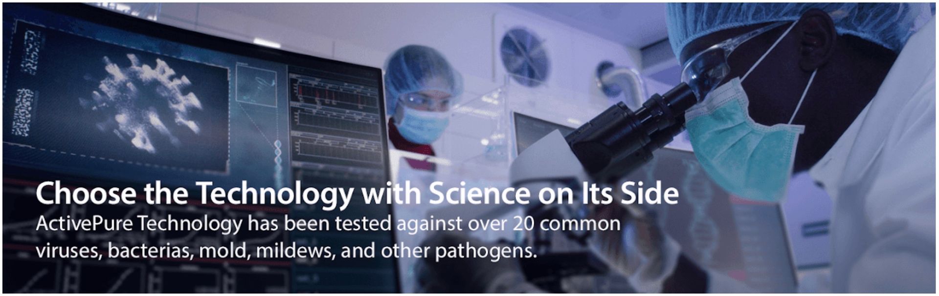 Lab technician in blue gloves examines a vial beside a monitor with the text “Choose the Technology with Science on its Side.”