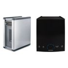 Two compact silver-and-black desktop computer cases on a white background