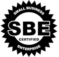 Black SBE certified small business enterprise seal with white text and jagged border