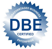 DBE Certified Disadvantaged Business Enterprise badge logo in blue and white