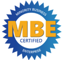Blue MBE certified minority business enterprise badge with gold letters and white text