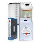 House Solutions cleaning product packaging: bottles and boxes in white, blue, and gray.