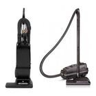 Upright black vacuum cleaner shown from front and side views on a white background