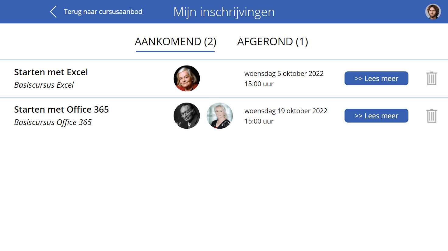 Screenshot Mijn inschrijvingen, aankomende cursussen