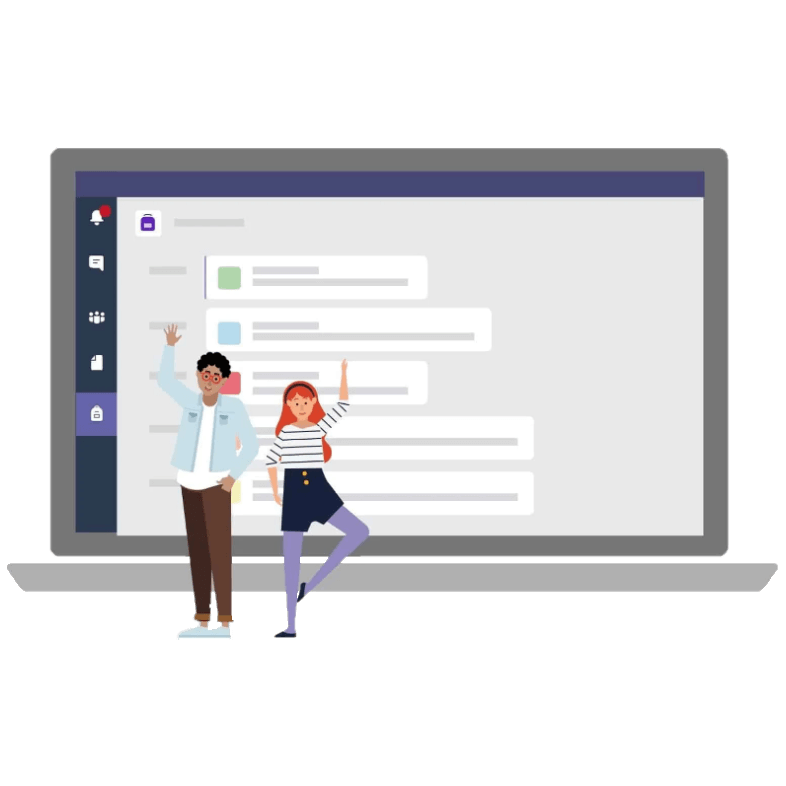 Twee poppetjes voor een opengeklapte laptop waar Teams openstaat