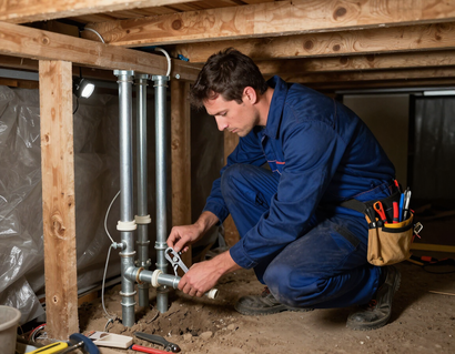 Plumber kneeling in crawl space, tightening pipes beneath a wooden floor.