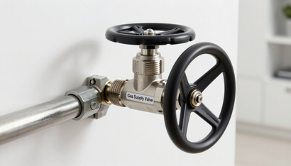 Valve with black handwheel on a metal pipe against a white background